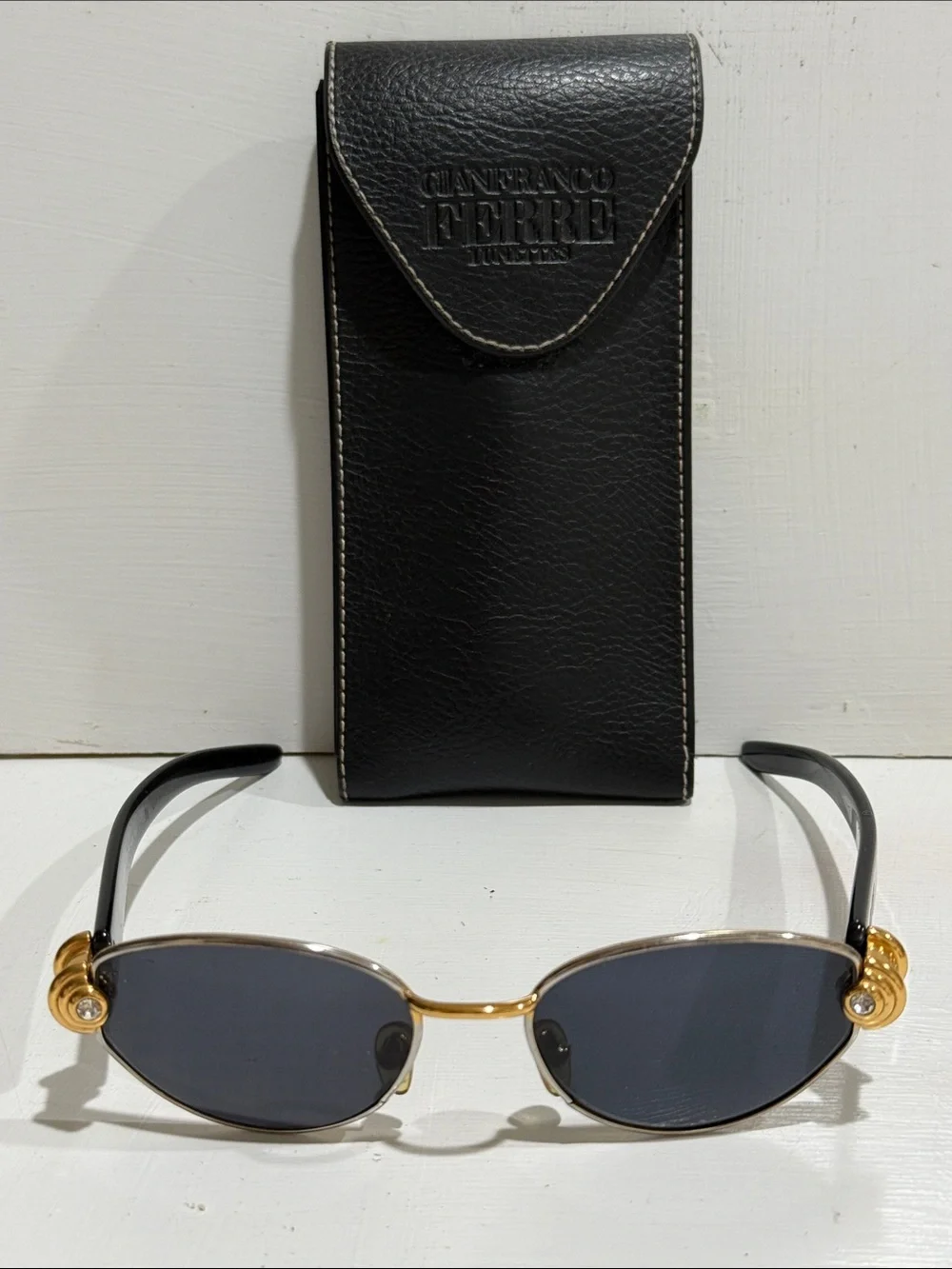 Gianfranco Ferre Gold-Accent Black Oval Sunglasses 🕶️ With Case Vintage Italy